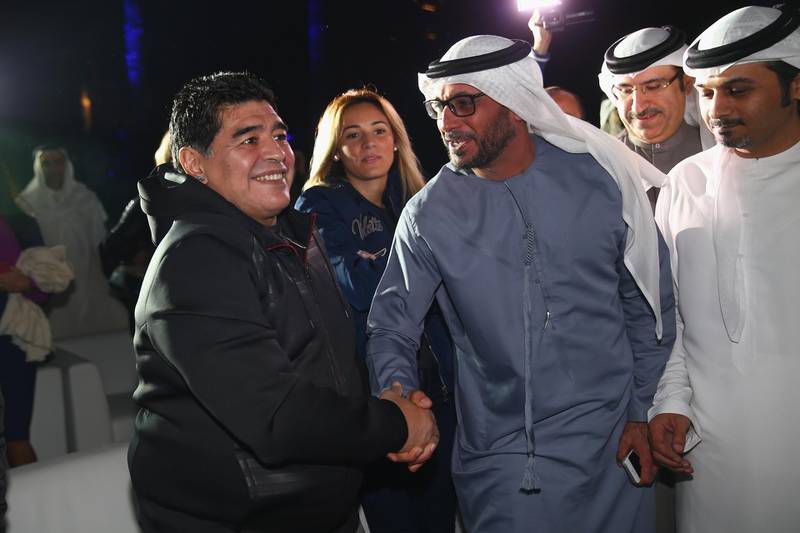 DUBAI, UNITED ARAB EMIRATES - FEBRUARY 02: Football legend Diego Maradona meets locals during the team presentations ahead of the Tour of Dubai at the Westin Hotel on February 2, 2016 in Dubai, United Arab Emirates.  (Photo by Michael Steele/Getty Images)