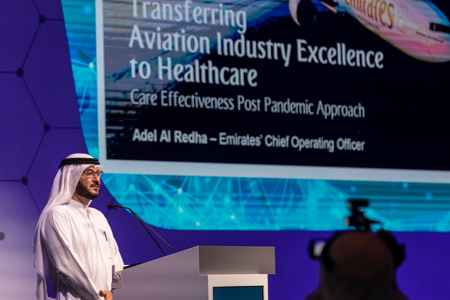 Adel Al Redha, Emirates' chief operating officer, speaks on the opening day of Dubai Health Forum. Antonie Robertson / The National
