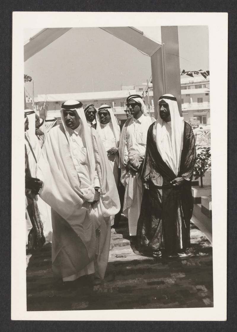 Sheikh Zayed bin Sultan with Sheikh Ahmed Al Thani (Ruler of Qatar), Sheikh Hamdan bin Mohamed Al Nahyan, Sheikh Mubarak bin Mohamed Al Nahyan and Butti bin Bishr at Al Diyafa Palace, Abu Dhabi, 1968. Photo: Akkasah, al Mawrid