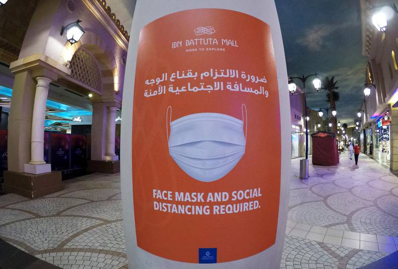 DUBAI, UNITED ARAB EMIRATES , April 28 – 2020 :- Visitors wearing the protective face mask to prevent the spread of the coronavirus at the Ibn Battuta Mall in Dubai. Authorities ease the restriction for the residents in Dubai. (Pawan Singh / The National) For News/Standalone/Online/Instagram/Stock