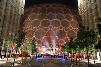 A view of Al Wasl dome after midnight at Expo 2020 Dubai when the site shuts down to visitors. Pawan Singh / The National  