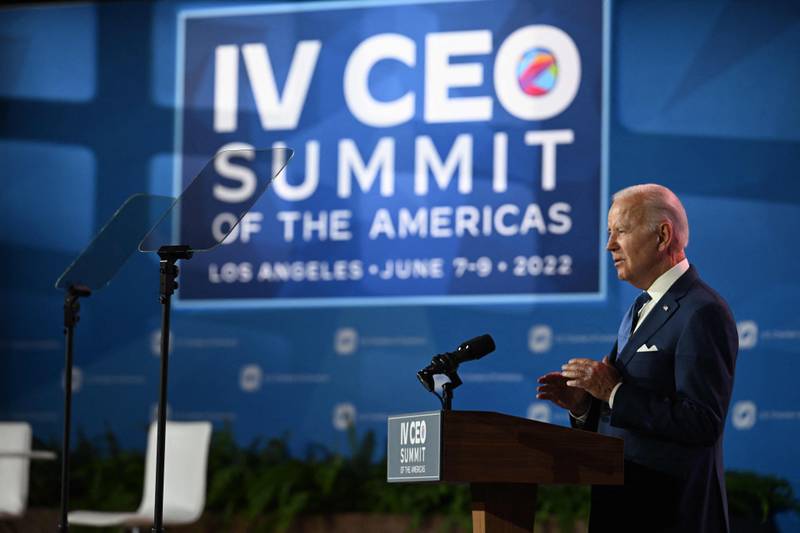 US President Joe Biden speaks during the IV CEO Summit of the Americas, in Los Angeles, California. AFP