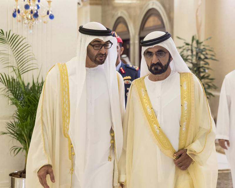 Sheikh Mohammed bin Zayed with Sheikh Mohammed bin Rashid during an Eid Al Fitr reception at Mushrif Palace. Ryan Carter / Crown Prince Court - Abu Dhabi