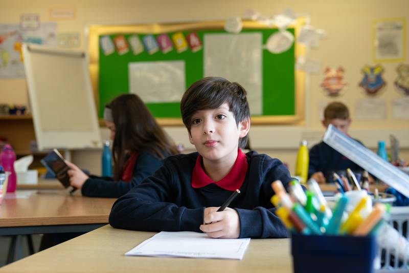 Ukrainian refugee Alikhan Yusupov, 10, on his first day at Caldecote Primary School after his family fled their home in Kharkiv and moved to Cambridgeshire, England. PA