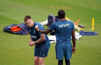 England's Jason Roy and Jofra Archer during the nets session at the Kia Oval, London. PA