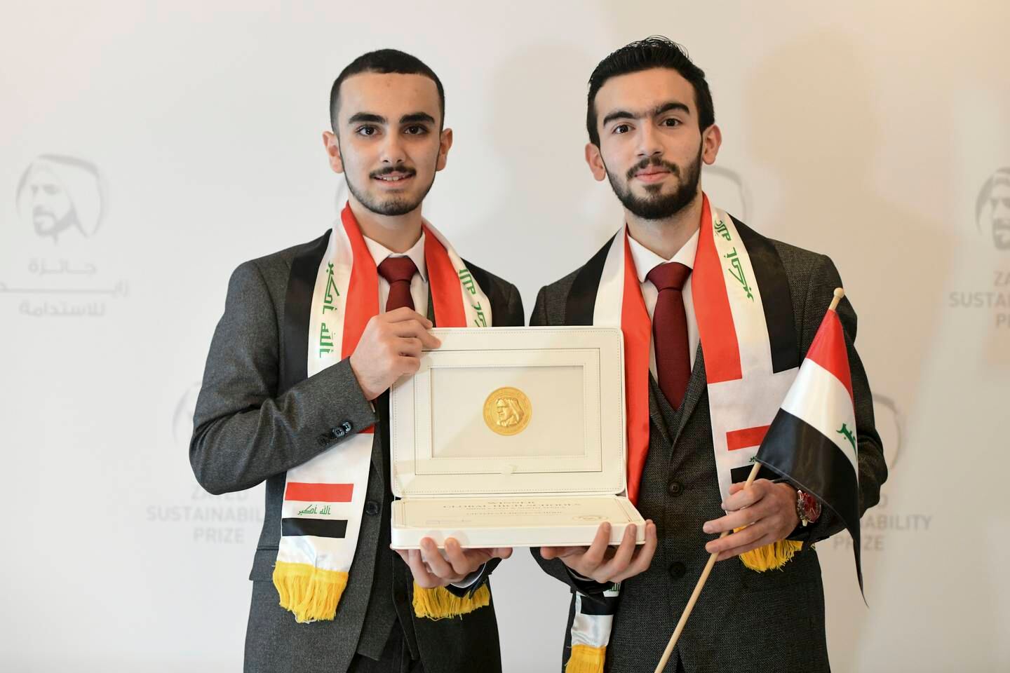 Abdulrahman Neshat and Mohammed Ali, both 16, from Iraq, winners of the Zayed Sustainability Prize in the Global High Schools category. Khushnum Bhandari / The National
