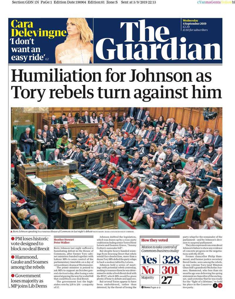 The Guardian: Humiltiation for Johnson as Tory rebels turn against him