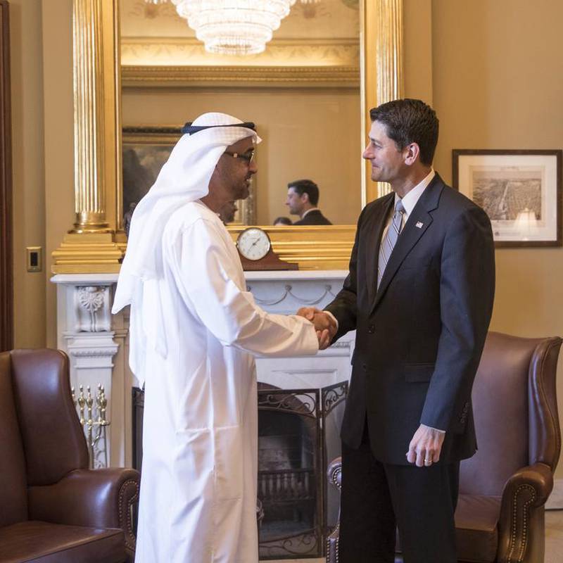 Sheikh Mohammed bin Zayed, Crown Prince of Abu Dhabi and Deputy Supreme Commander of the Armed Forces, is received by Paul Ryan Speaker of the US House of Representatives, prior to a meeting at Capitol Hill. Nick Khazal for the   Embassy in Washington