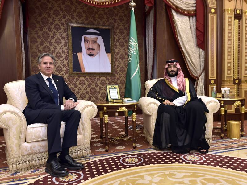 Saudi Crown Prince Mohammed bin Salman with US Secretary of State Antony Blinken in Jeddah on Wednesday. AP