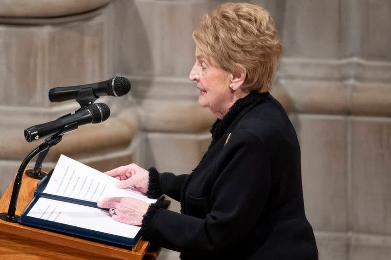 Former US secretary of state Madeleine Albright speaks during the funeral of Colin Powell at the Washington National Cathedral on November 5, 2021. EPA