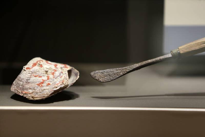 A knife used for opening oyster shells on display.