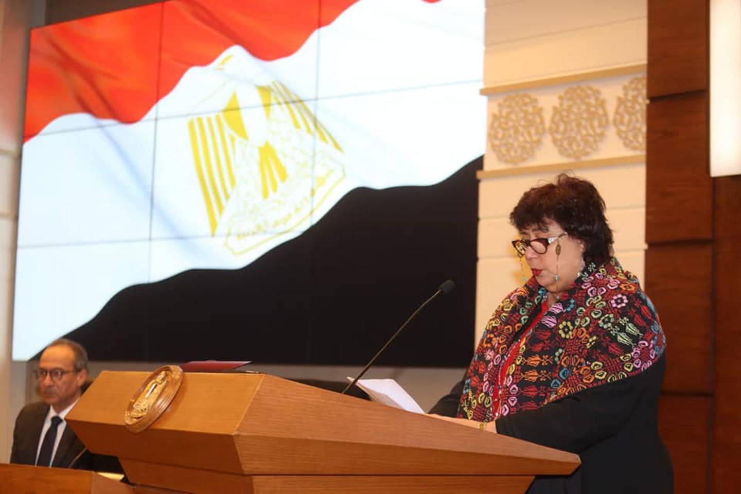 Egyptian Culture Minister Ines Abdel Dayem speaking at a press conference to announce the launch of the 53rd Cairo International Book Fair, which will run from January 26 to February 7 in the Egyptian capital. Photo: Egyptian Ministry of Culture
