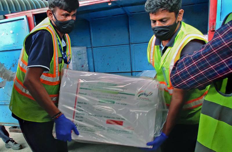 A handout photo made available by Bangalore Kempegowda International Airport showing the arrival of Covid-19 vaccine in Bangalore, India.  EPA