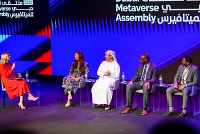 From left, Euronews moderator Laura Buckwell, Cathy Li of the World Economic Forum, Digital Dubai's Marwan Al Zarouni, Meta's James Hairston and Balsam Danhach of FTX discuss 'Maximizing the Potential of Ecosystems on the Metaverse'. 