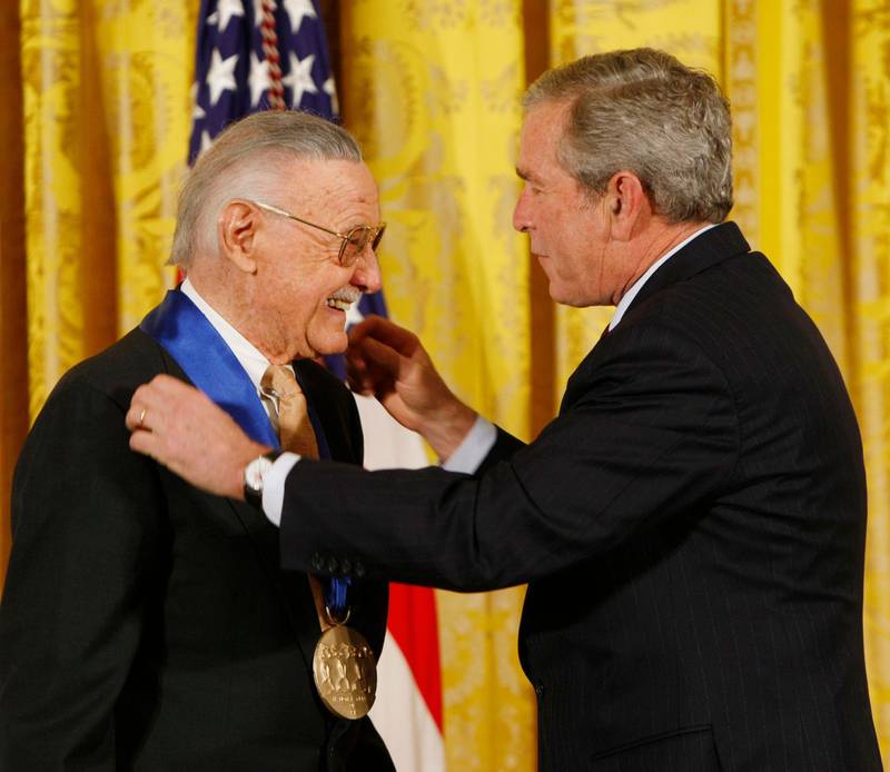 President George W. Bush presents the 2008 National Medals of Arts to Stan Lee, in 2008. AP Photo