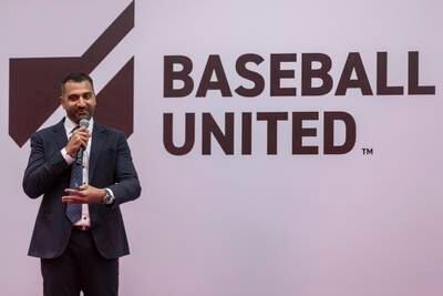 Baseball United’s chief executive Kash Shaikh speaks at the official launch.