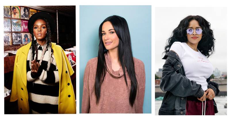 FILE - This 2018 combination of file photo shows, Janelle Monae, from left, Kacey Musgraves, and H.E.R. in New York. Female musicians who not only write their own lyrics - but produce their songs and albums too - are taking center stage at the 2019 Grammy Awards, a year after female voices were shut of the showâ€™s major categories. Kacey Musgraves, H.E.R. and Janelle Monae, performers who play instruments, write or co-write all of their songs and are also listed as producers on their projects, earned nominations for the coveted album of the year. (Photos by Taylor Jewell, Drew Gurian, Victoria Will/Invision/AP, File)