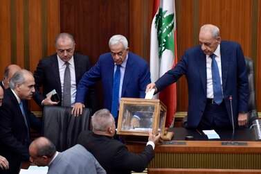Lebanese Parliament Speaker Nabih Berri casts his vote during a parliament session to elect a new Lebanese president, at the Lebanese Parliament building in downtown Beirut, Lebanon, 20 October 2022.  The Members of the Parliament on 20 October failed to elect a new president to the country after 42 deputies voted for Michel Moawad, 55 left voting paper blank, and 22 voted for other names.  Lebanese Parliament Speaker has set a new date for another presidential election session on 24 October 2022 as President Michel Aoun's term is set to end on 31 October.   EPA / WAEL HAMZEH
