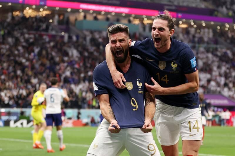 France striker Olivier Giroud celebrates after scoring their second goal in the 2-1 World Cup quarter-final win against  England at Al Bayt Stadium on December 10, 2022. Getty