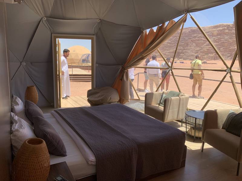 Each tent is air-conditioned and equipped with a queen-sized bed, spacious bathroom and breathtaking views of the surrounding desert.