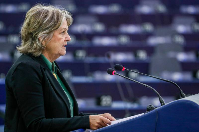 European Commissioner for Cohesion and Reforms Elisa Ferreira discusses the effects of natural disasters in Europe due to climate change, during a plenary session at the European Parliament in Strasbourg, France. AFP