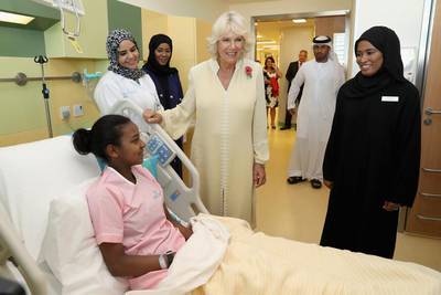 Camilla, Duchess of Cornwall, meets patients at Al Jalila Children’s Specialty Hospital on the third day of the UAE tour. Getty Images