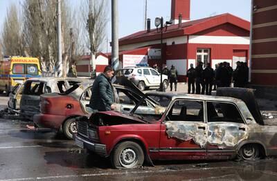Burnt vehicles are seen in the aftermath of a rocket attack on the railway station in Kramatorsk. AFP