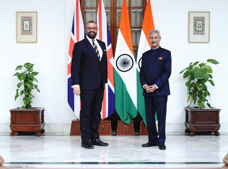 Mr Jaishankar with Mr Cleverly at the G20 foreign ministers' meeting in New Delhi. Photo: MEA