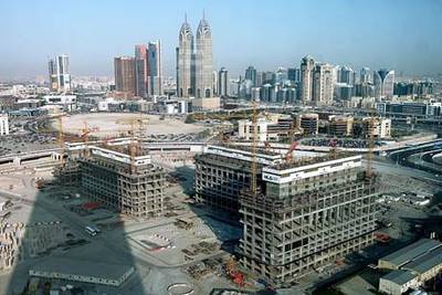 DUBAI , UNITED ARAB EMIRATES – Feb 13 : View of the under construction Dubai Pearl project near Dubai Media City in Dubai. ( Pawan Singh / The National ) For Business.