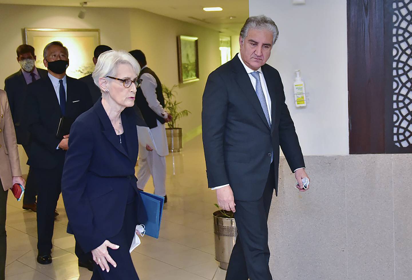 US Deputy Secretary of State Wendy Sherman, left, during her meeting with Pakistan Foreign Minister Shah Mahmood Qureshi, right in Islamabad last week. AP Photo
