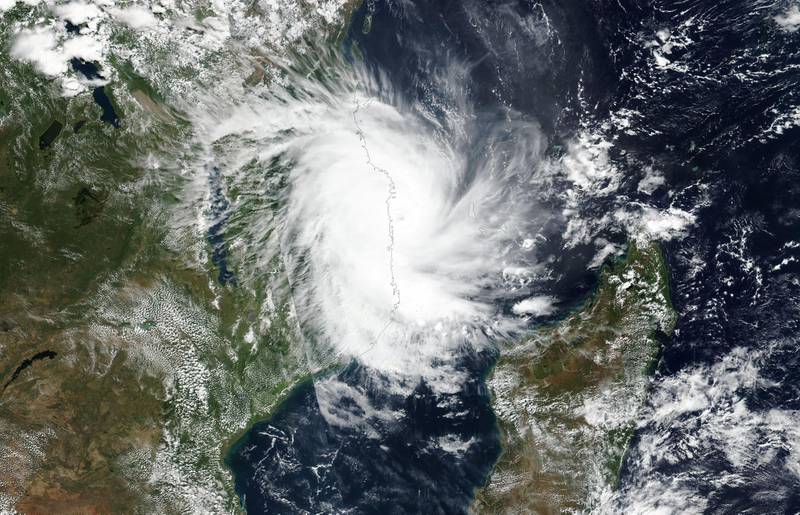 Tropical Cyclone Kenneth approaches the coast of Mozambique in this April 25, 2019 handout satellite image.   NASA/Handout via REUTERS ATTENTION EDITORS - THIS IMAGE WAS PROVIDED BY A THIRD PARTY.