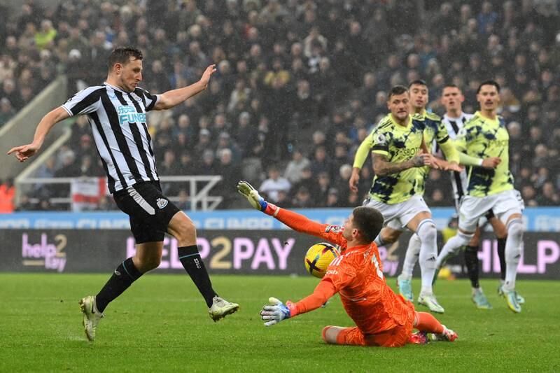 Newcastle United attacker Chris Wood has a shot saved by Leeds United goalkeeper Illan Meslier during the goalless Premier League draw at St James' Park on Saturday, December 31, 2022. Getty