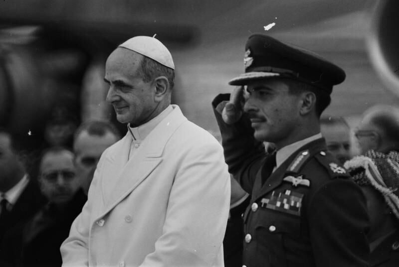 Pope Paul VI (Giovanni Montini) with King Hussein during a papal visit to Jordan in January 1964. Getty Images