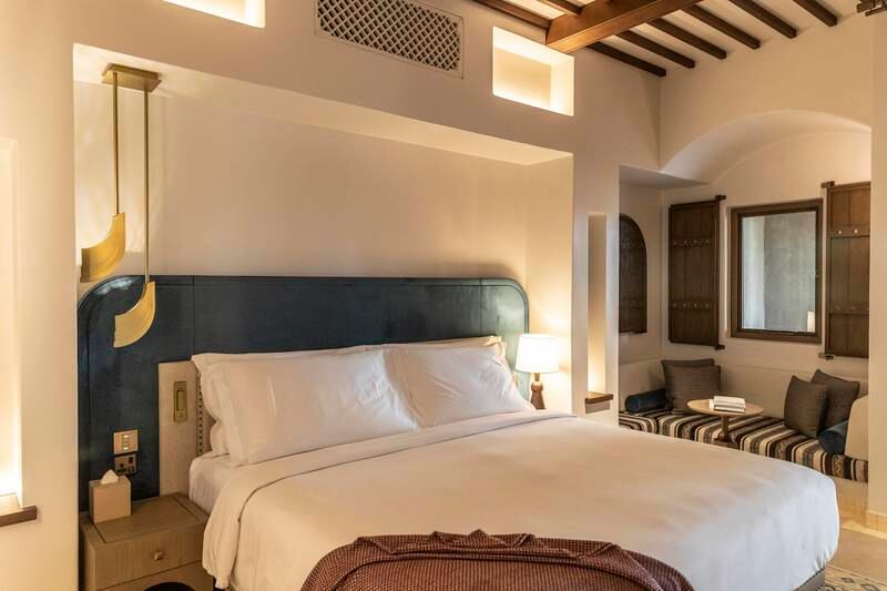 A bedroom in the newly renovated Bab Al Shams resort. Antonie Robertson / The National


