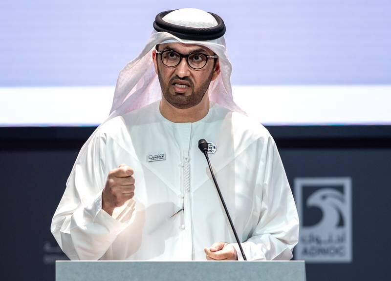 Dr Sultan Al Jaber, Minister of Industry and Advanced Technology, and managing director and group chief executive of Adnoc, addresses delegates. 