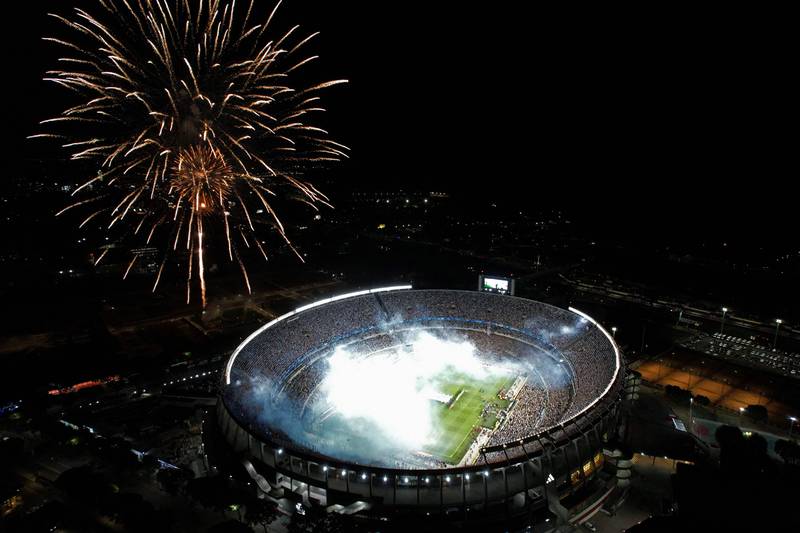 Fireworks explode before the start of the friendly football match between Argentina and Panama in Buenos Aires. AFP