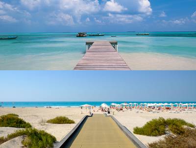 top: Boardwalk, Thulusdhoo, Maldives, Indian OceanBOTTOM: Public beach on Saadiyat Island in Abu Dhabi United Arab Emirates.Getty Images / Alamy