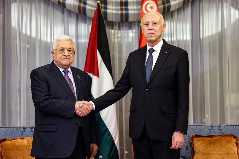 Palestinian President Mahmoud Abbas meets Tunisia's President Kais Saied. AFP
