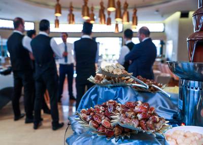 Abu Dhabi, U.A.E., May 21, 2018. InterContinental Abu Dhabi.  BYBLOS Arabic Restaurant meal preparations by chef and staff for Iftar.  The restaurant manager instructs the waiters before the restaurant opens for Iftar. Victor Besa / The NationalSection:  WeekendReporter:  Saeed Saeed