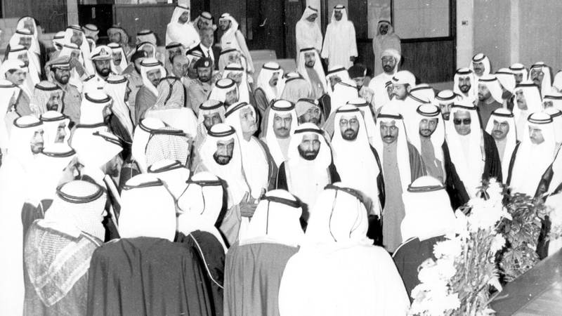 His Highness Sheikh Zayed bin Sultan Al Nahyan, President of the United Arab Emirates, shakes hands with the members of the Federal National Council after opening the First Ordinary Session of the 7thLegislative Chapter at the Cultural Foundation on 5/1/1988Courtesy FNC  *** Local Caption ***  61.jpg