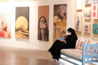 The modern, upscale interior vibe at Zeman Awwal provides a platform for Emirati artists to showcase their work.