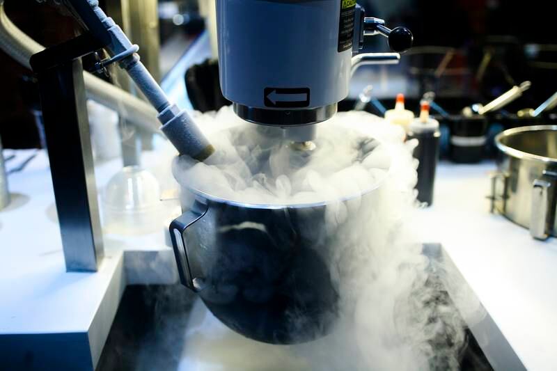 June 29, Dubai, UAE, 2015:Scoopi Cafe has a new twist one ice cream. It takes the dish in liquid form and uses liquid nitrogen to freeze into the scoops we're all familiar with. Seen here is the freezing process.  Lee Hoagland/ The National *** Local Caption ***  LH2906_NITROGEN_ICE_CREAM_0009.JPG