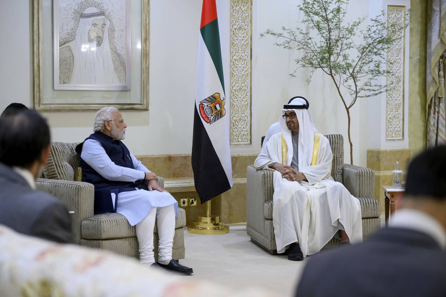 Sheikh Mohamed, President of the UAE, speaks with Narendra Modi, the Prime Minister of India, in Abu Dhabi on Tuesday. Photo: Ministry of Presidential Affairs 
