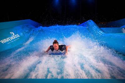 DUBAI, UNITED ARAB EMIRATES - A wave rider at a  preview of new entertainment complex, Warehouse at Atlantis The Palm Dubai.  Leslie Pableo for The National for Katy Gillett's story