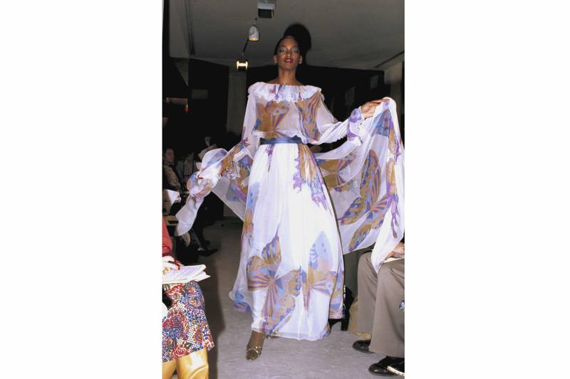 Elegant butterflies in a Mori outfit from 1978. AP