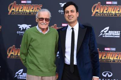 FILE - In this April 23, 2018 file photo, Stan Lee, left, and Keya Morgan arrive at the world premiere of "Avengers: Infinity War" in Los Angeles. Lee has taken out a restraining order against Morgan who had been acting as his business manager and close adviser. Lee took out the order Wednesday, two days after Morgan was arrested on suspicion of filing a false police report. (Photo by Jordan Strauss/Invision/AP, File)