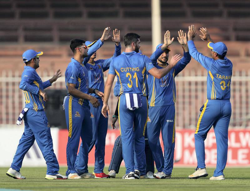Sharjah, United Arab Emirates - October 06, 2018: Ben Cutting of the Nangarhar Leopards takes the wicket of Brendon McCullum of the Kandahar Knights during the game between Kandahar Knights and Nangarhar Leopards in the Afghanistan Premier League. Saturday, October 6th, 2018 at Sharjah Cricket Stadium, Sharjah. Chris Whiteoak / The National