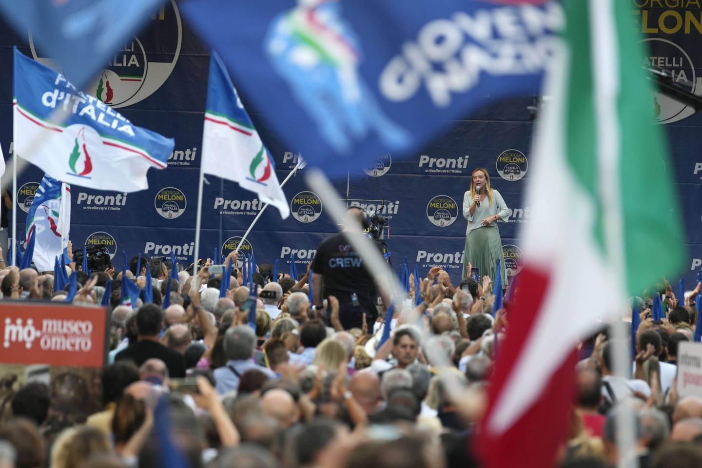 Giorgia Meloni, leader of the right-wing Brothers of Italy party, addresses a rally in Ancona, Italy, on Tuesday. AP Photo