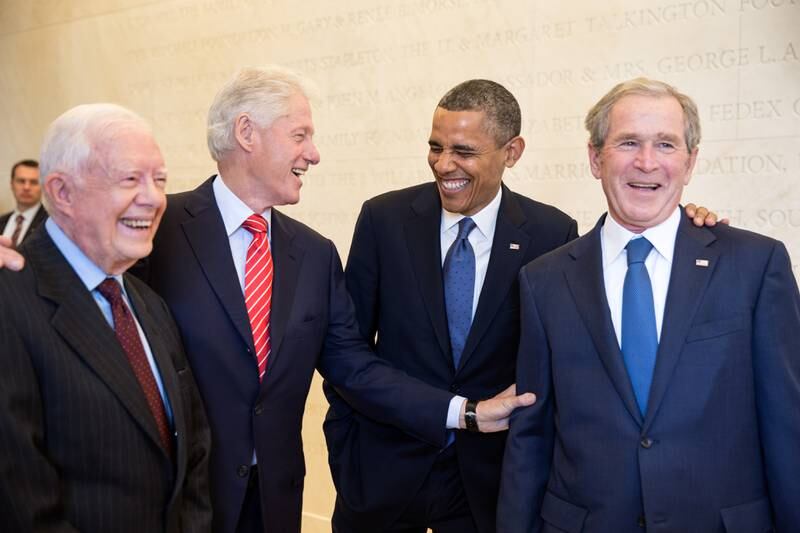 Mr Obama with predecessors Jimmy Carter, Bill Clinton and George W Bush in Dallas, Texas, in April 2013. Photo: The National Archives