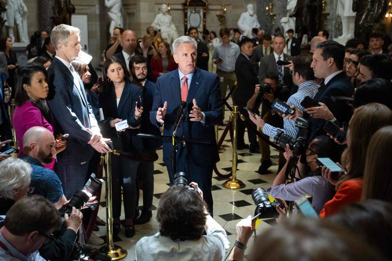 US Speaker of the House Kevin McCarthy speaks to the press about the debt ceiling negotiations at the US Capitol in Washington on Wednesday. AFP